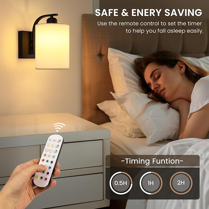Battery Operated Wall Sconce with Remote Control, Black Rechargeable Wall Lights Set of 2, 15 Colours Wireless Wall Sconce with 3000mAh Dimmable Detachable Bulb for Bedroom, Living Room and Hallway