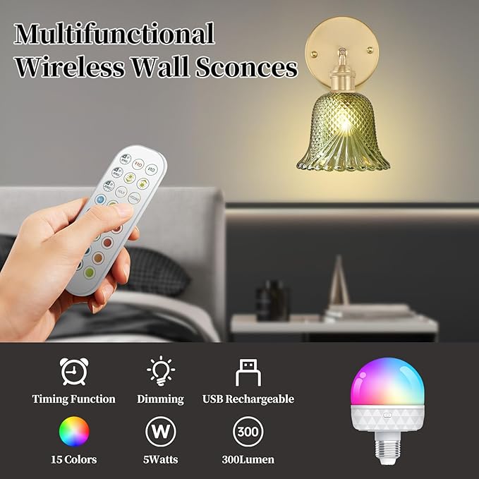 GEEZO Vintage Battery Operated Wall Sconce, with Rechargeable Battery Powered Wall Light with Remote Control for Bedside Bedroom