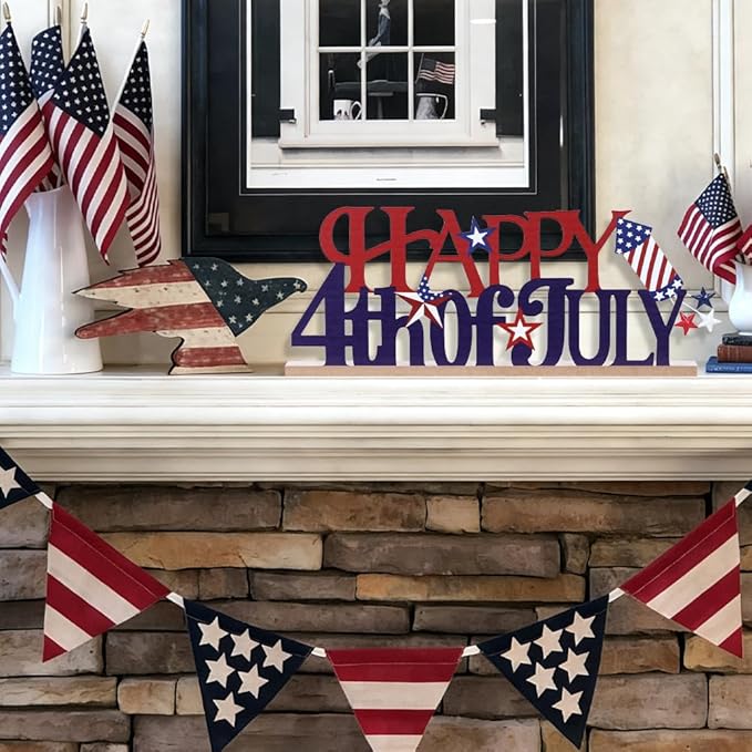 MEETYAMOR 4th of July Decorations, Metal Happy Fourth of July with Wooden Base, Patriotic Independence Day Decor for the Home, Memorial Day, Tiered Tray, Shelf, Table, Mantel
