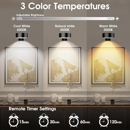 Picture Lights for Wall, 3 Lighting Modes Magnetic Art Display Light,Rechargeable Battery Operated Led Painting Light with Remote Control Dimmable & Timer,3Pack Black