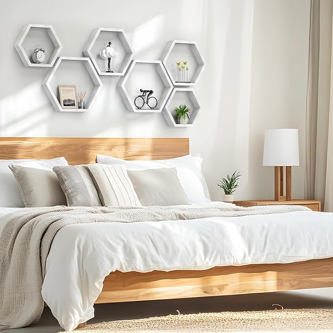 CADUKE Hexagon Floating Shelves Set of 3, White Wooden Hexagon Shelves for Wall Decor, Modern Honeycomb Floating Hanging Shelf, Decorative Wall Organizer for Living Room, Bedroom, Bathroom