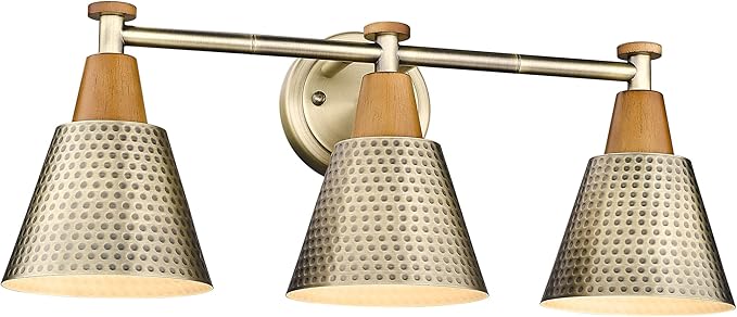 FEMILA Antique Gold Bathroom Vanity Light, 3-Lights Industrial Modern Wall Sconce Bathroom Lighting, Hammered Metal Shade Finish, 4FG59B-3W BG