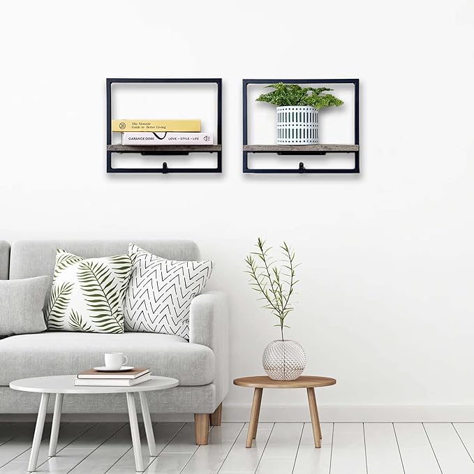 Cocoyard Set of 2 Floating Shelves. Rustic Wall Mounted Display Shelf for Livingroom Bedroom Bathroom, Art Deco, and Plants. Metal Wood Finish Wall Mounted Shelves