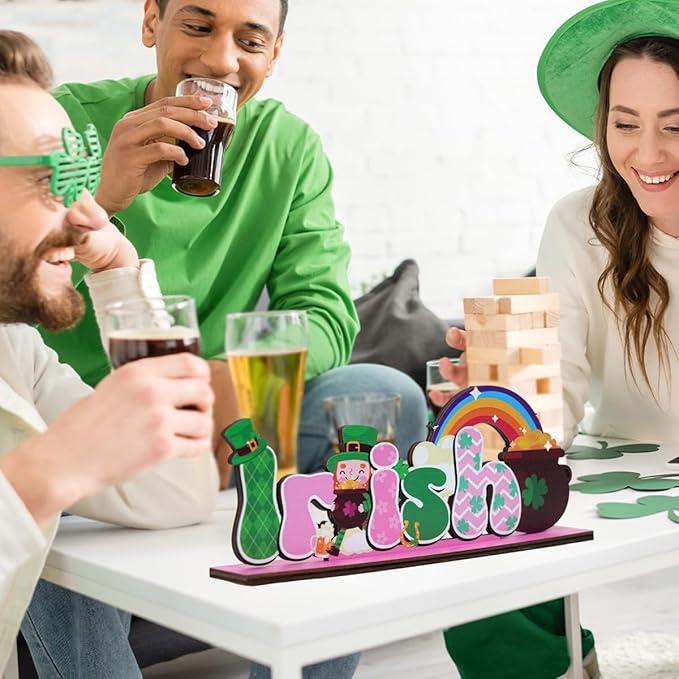St Patricks Day Decor for Table Irish Themed Decoration Wooden Centerpieces Rustic Farmhouse Sign for Tabletop Home Shelf Office St Patricks Day Party Decoration Pink