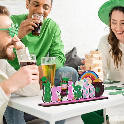 St Patricks Day Decor for Table Irish Themed Decoration Wooden Centerpieces Rustic Farmhouse Sign for Tabletop Home Shelf Office St Patricks Day Party Decoration Pink
