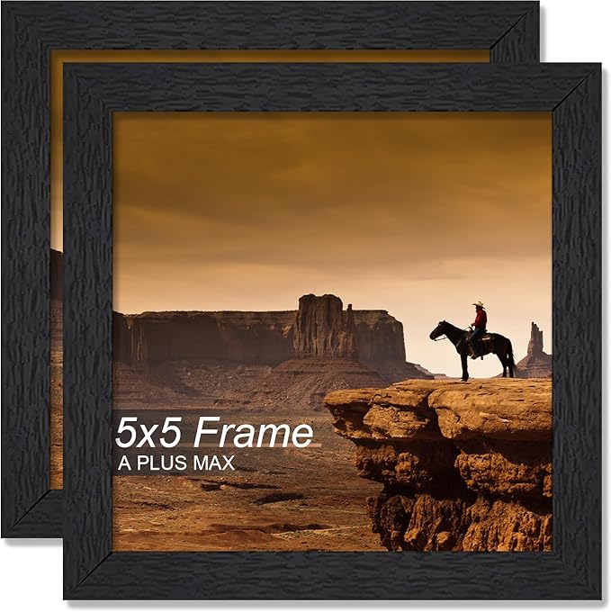 A PLUS MAX 5x5 Picture Frame Set of 2, Black Engineered Wood Frame for 5 x 5 Inch Picture Poster Photo, Light Weight 5 by 5 Frame with Wood-grain for Wall - 2 Pack/Black/5"x5"