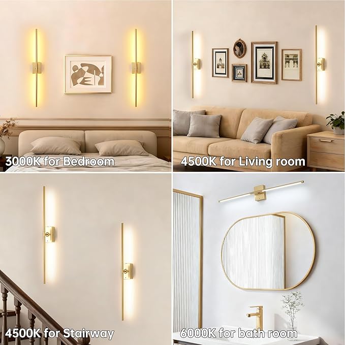 Battery Operated Wall Sconce Set of 2, 10000mAh Rechargeable Wall Sconces with Detachable Battery, Indoor 350°Rotate Wall Lights for Bedroom Living Room, Gold, 31.5 Inch