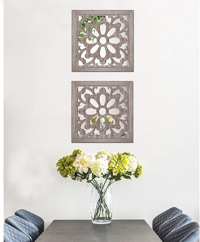 Yudarte 2pcs Set Square Mandala Cutout Wall Mirror Decor - Farmhouse Rustic Decorative Mirrors for Bedroom Bathroom Living Room Kitchen Entryway 12x12 Inches