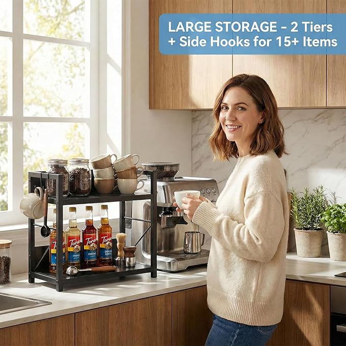 2 Tier Kitchen Counter Shelf Organizer, Coffee Bar Station Organizer, Space Saving Spice Rack, Countertop Shelf for Home Countertop Kitchen Office (Black)
