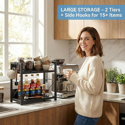 2 Tier Kitchen Counter Shelf Organizer, Coffee Bar Station Organizer, Space Saving Spice Rack, Countertop Shelf for Home Countertop Kitchen Office (Black)
