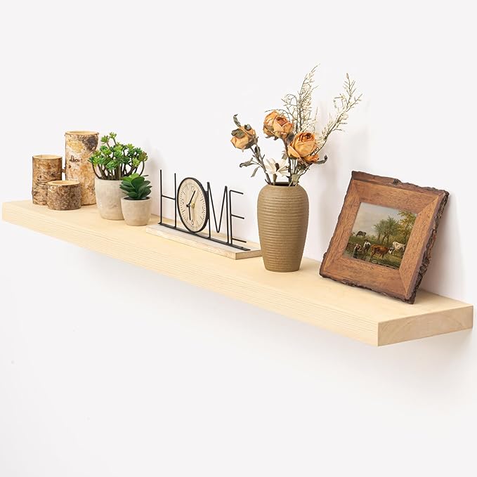 Marsmiles 48 Inch Floating Shelf | Unfinished Natural Wood Floating Shelves for Wall | 48" W x 7.7" D x 1.6" H Natural Wooden Shelves for Living Room Bathroom Kitchen