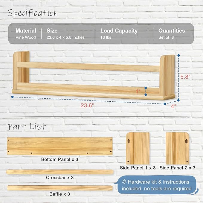 Natural Wood Wall Bookshelf for Kids Bedroom Set of 3, 24 Inch Wooden Floating Nursery Book Shelves for Baby Boy Girl Room, Wall Mounted Toddler Book Shelf for Toy Organizers and Storage
