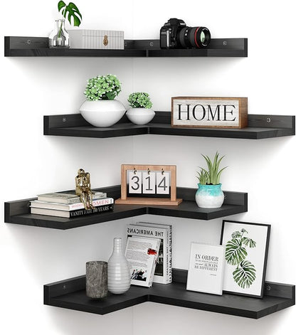 4 Tier Floating Corner Shelves Black Set of 4, Rustic Pine Wooden Floating Corner Wall Shelf for Wall Décor Storage, L Shaped Corner Shelf Wall Mount For Bedroom, Living Room, Bathroom, Kitchen.