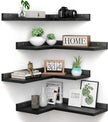 4 Tier Floating Corner Shelves Black Set of 4, Rustic Pine Wooden Floating Corner Wall Shelf for Wall Décor Storage, L Shaped Corner Shelf Wall Mount For Bedroom, Living Room, Bathroom, Kitchen.