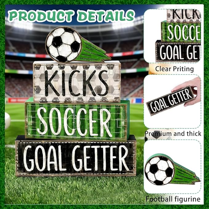 DIYDEC 4Pcs Soccer Tabletop Decorations Ball Wooden Block Signs Gift Rustic Football Tiered Tray Decor Soccer Goal Centerpiece World Cup Table Sign for Home Office Tabletop Fireplace Party Decor