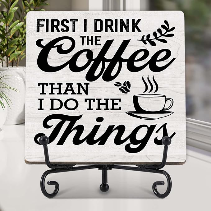 Coffee Bar Decor, Farmhouse Kitchen Table Decor, Coffee Station Accessories, Wooden Decorative Sign with Iron Stand for Table Desk Shelf Display-E20