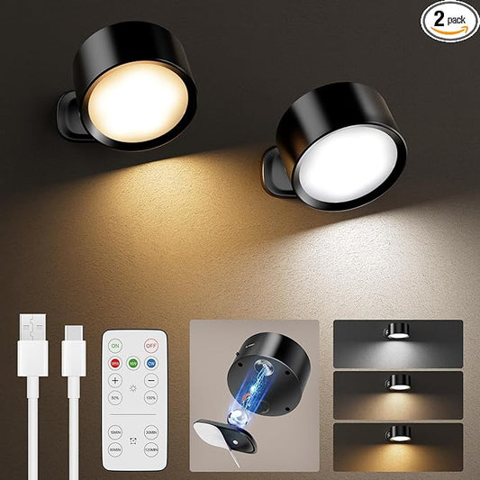 LED Wall Mounted Lights,Rechargeable Battery Operated Wall Sconce with Remote,3 Color Temperatures & Dimmable Magnetic 360° Rotation Cordless Wall Light for Bedside Reading,Bedroom,Closet,2 Pack