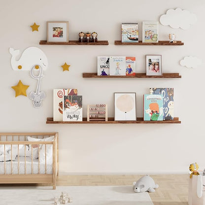 Fun Memories Picture Ledge Shelf, 32 Inch Floating Shelves Set of 2, Large Nursery Book Shelves for Toys Storage, Kids Bookshelf Wall Mounted for Wall Decor Books Photo Frames, Walnut