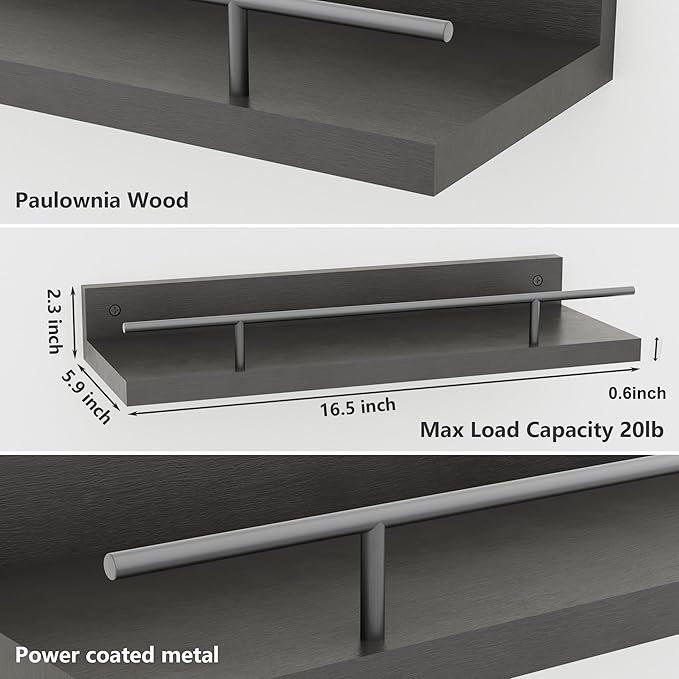 Floating Shelves with Metal Guardrail, Wall Decor Shelves for Bathroom, Living Room and Bedroom, (Black-Black) Shelves for Home Decor