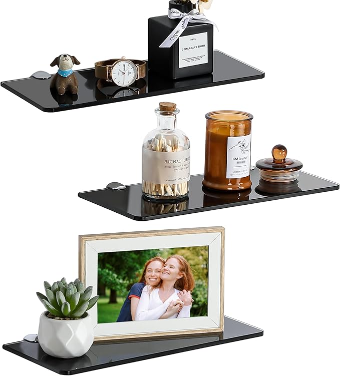 SAYAYO Glass Floating Shelves for Wall, Tempered Glass Shelves for Bathroom, Living Room, Bedroom, Office, Toilet, Kitchen Decor, 12Inch Set of 3, Black