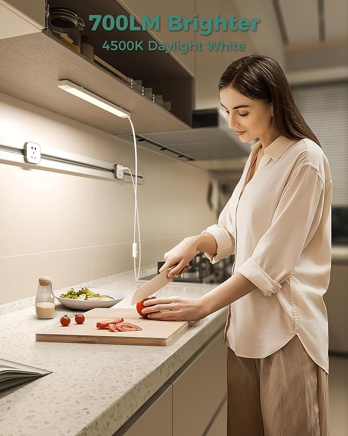 ASOKO 16 Inch Under Cabinet Lights,Plug and Play Under Counter Lighting,4500K Daylight White with 700LM Bright,ETL Light Bar with ON/Off Switch for Kitchen,Under Desk,Workbench