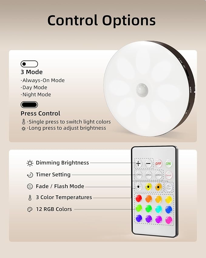 EZVALO Under Cabinet Lighting with Charging Station,1000mAh Rechargeable Puck Lights with Remote, 3 Color Temps & 12 RGB Closet Lights, Dimmable Motion Sensor Lights for Shelf, Kitchen (3 Packs)