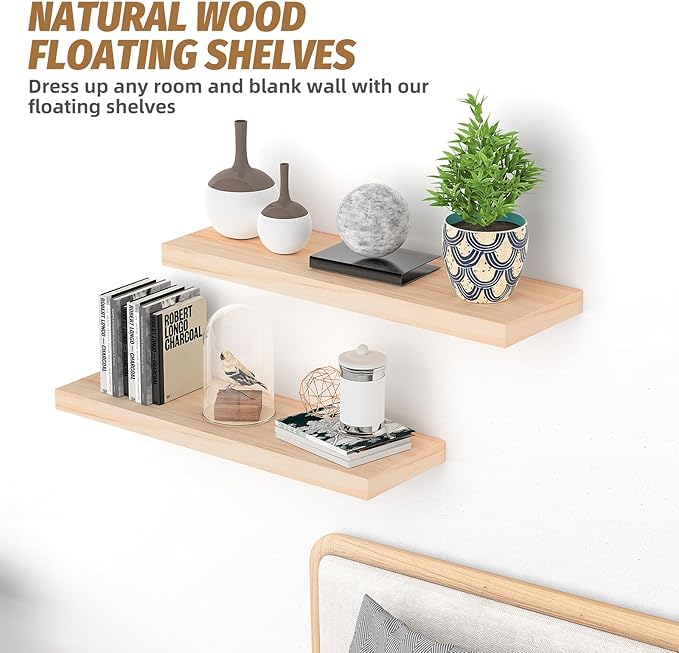 Floating Shelves (Set of 2) – Wall Mounted Shelves for Home Décor and Storage, Natural Pine Wood, Suitable for Living Room and Bedroom (Unfinished, 23.6" x 6.7" x 1.2")