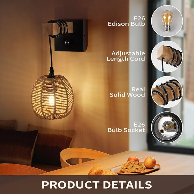 N01 Plug in Dimmable Wall Sconces Hanging Boho Rattan Wall Lamp Farmhouse Stepless Wall Sconce Woven Wall Lamp Hardwired Wall Lights for Living Room Bedroom Bedside Hallway (Bulb Included)