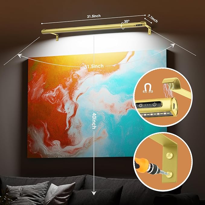 Battery Operated Wireless Picture Light，Rechargeable/Plugged in 31.5inch Painting Display Light,Remote Control Wall Lights with Three Modes and Timing for Art Frame (Gold)