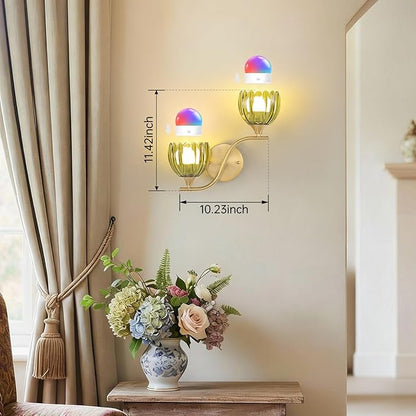 Battery Operated Wall Sconce, 2-Lights Vinatge Brass Wall Lighting with Green Tluip Shade Rechargeable Bulb with Remote for Living Room, Bedroom，Symmetrical 2 Pack