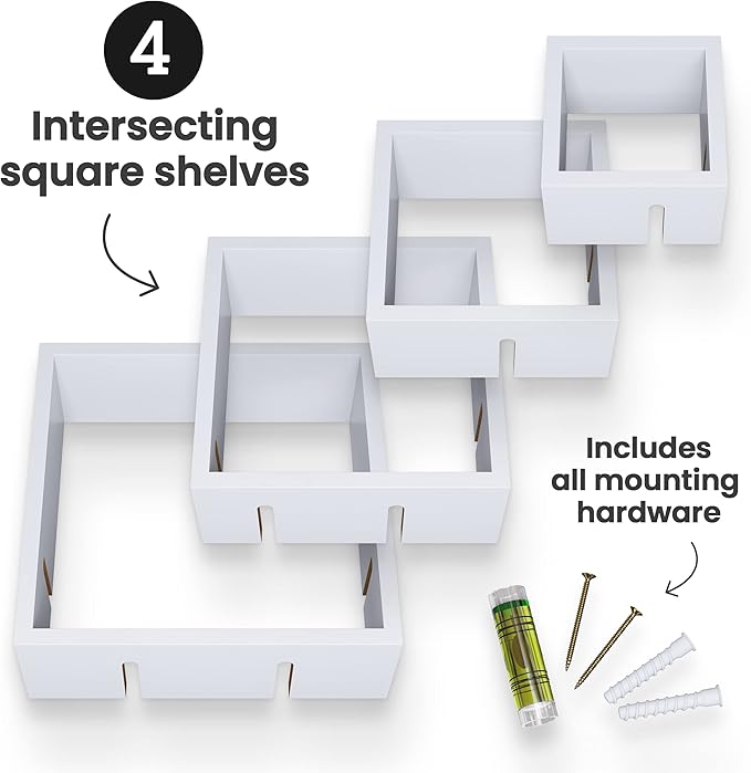 Greenco Gray Floating Cube Shelves - Intersecting Wall Mounted Shelves - Bedroom Decor for Men - Wall Decor Square Shelves for Bedrooms, Living Rooms & More - Set of 4 Box Shelves