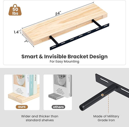 Fun Memories Wood Floating Shelves Set of 2, Rustic Pine Wood Floating Shelves for Wall Mounting, Wide Wall Shelf for Home Decor and Storage, 24" W x 7" D, Natural Unfinished, DIY Stain
