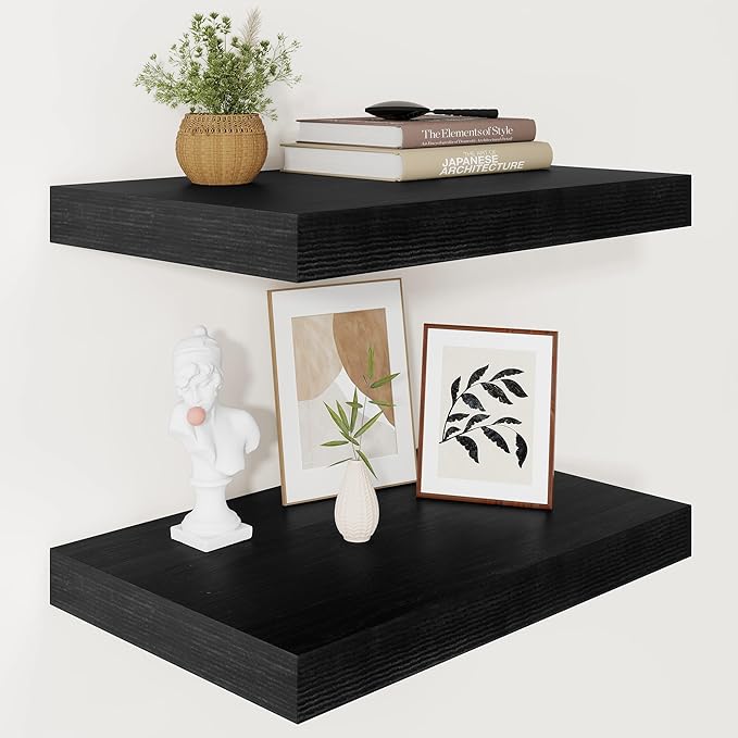 Vivelove 2" Thick Floating Shelves for Wall 16 Inches Long, 12" Deep Wall Shelves, for Bedroom, Bathroom, Living Room, Kitchen, Office, Modern Home Decor, 16" X 12" X 2", Set of 2, Black