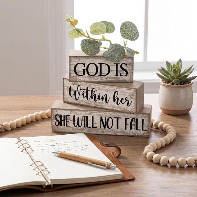 4 Pcs Christian Table Decor Inspirational Religious Gifts for Women God Is Within Her Bible Verse Wooden Block Signs Gift Farmhouse Christian Centerpiece for Mother's Day Home & Office