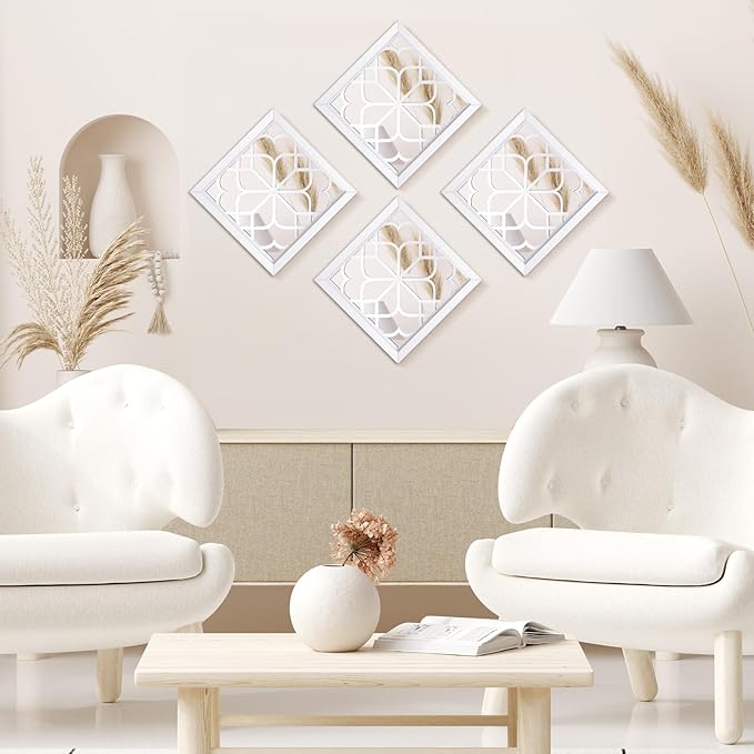Tatuo 4 Pcs Mirrors Square Wall Mirror, Gorgeous Rustic Farmhouse Accent Mirror, Rustic for Bathroom Renovation Bedrooms Living Rooms, 12 x 12 Inch(Pure White)