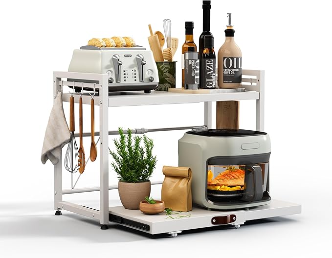 NETEL Expandable Microwave Stand,2 Tier Metal Kitchen Countertop Organizer Shelves with 8 Hooks,Bakers Rack,Pull-Out Microwave Shelf,Metal Storage Shelves,55lbs Weight Capacity,White