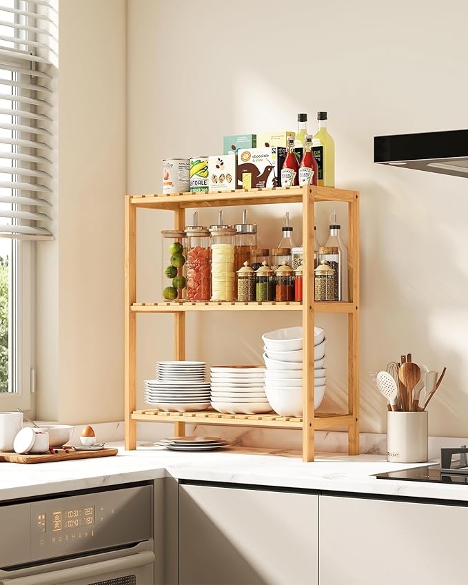SONGMICS Bamboo Storage Shelf, 3-Tier Shelving Unit, Multifunctional, in The Entryway, Bathroom, Living Room, Balcony, Kitchen, 10.2 x 23.6 x 26 Inches, Light Bamboo UBCB33Y