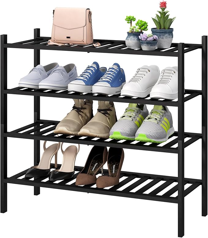 4-Tier Black Bamboo Shoe Rack for Entryway, Stackable | Foldable | Natural, Shoe Organizer for Hallway Closet, Free Standing Shoe Racks for Indoor Outdoor