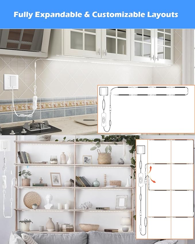 Cefrank LED Under Shelf Lighting Kit, (8) Linkable 12-Inch Light Strips Set, 20W 2000lm Daylight White, Flexible & Durable for Bookcases, Cabinets, Pantries, Showcase, Closet (Cool White)