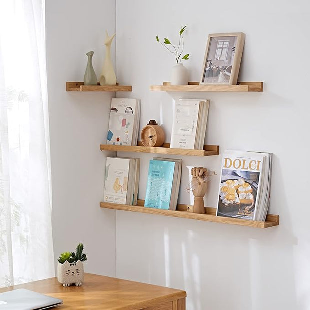 Floating Shelves Wall Mounted, 12 Inch Wall Shelves for Decor and Storage, Natural Solid Oak Wood Shelf, Picture Ledge for Bedroom/Bathroom/Living Room/Kitchen/Laundry Room, Natural Color