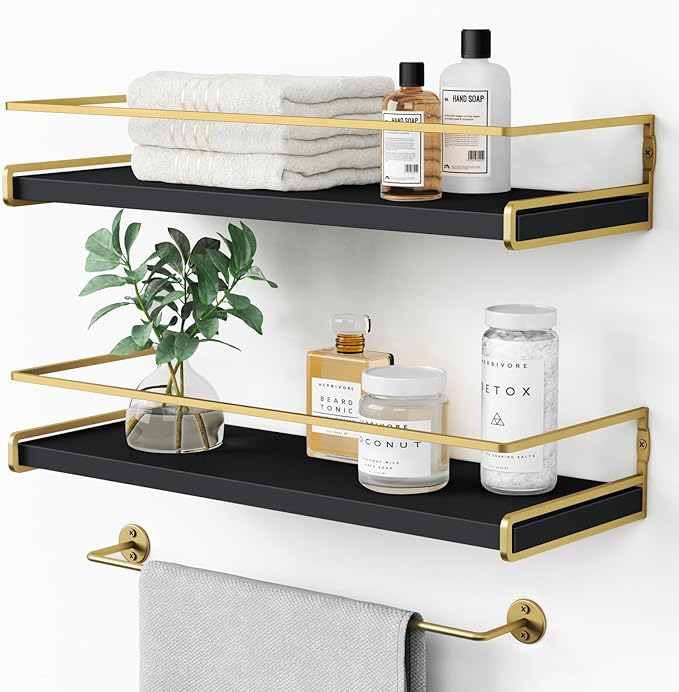Forbena Black and Gold Bathroom Floating Shelves for Wall, Decorative Wall Mounted Shelves for Kitchen Coffee Bar Station Organizers and Storage, Hanging Shelving Unit for Bedroom Living Room (2-Pack)