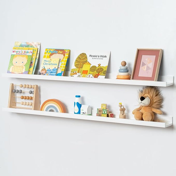 Picture Ledge Shelf, Floating Shelves Set of 2, Solid Ash Wood 48'' Long Large Nursery Book Shelves for Toys Storage, Kids Bookshelf for Living Room Bedroom Decor Books Photo Frames, White