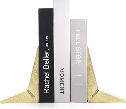 Cast Iron Geometric Decorative Bookends, Sharp Triangle Theme, Heavy Duty, Set of 2 Gold