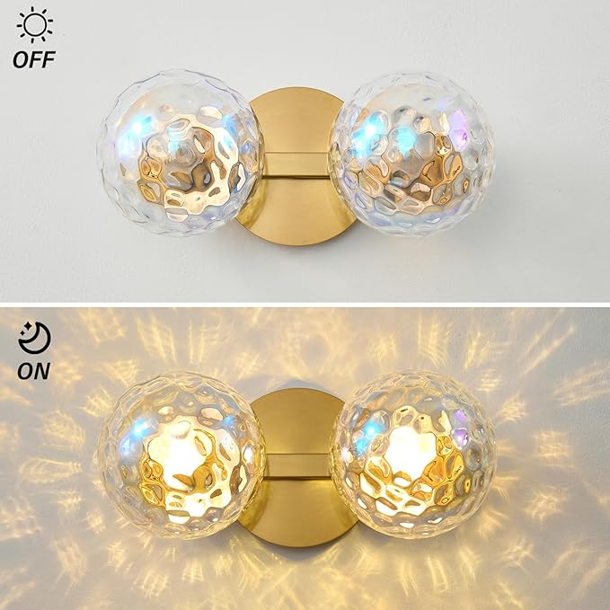 Gold Bathroom Vanity Light Fixtures: Modern Wall Scones With 2 Hammered Stained Glass Shades - Globe Makeup Lighting Fixture over Mirror - Brass Ball Powder Room Vanities Lights for Hallway Bedroom