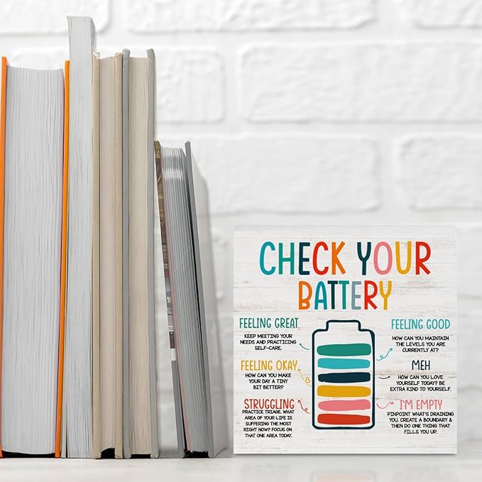 Mental Health Gifts for Counselor Therapist, Check Your Battery Wooden Box Sign Desk Decor for Therapy Office Counselor Room Shelf Cubicle Decor, Colorful Wooden Box Decorative Signs