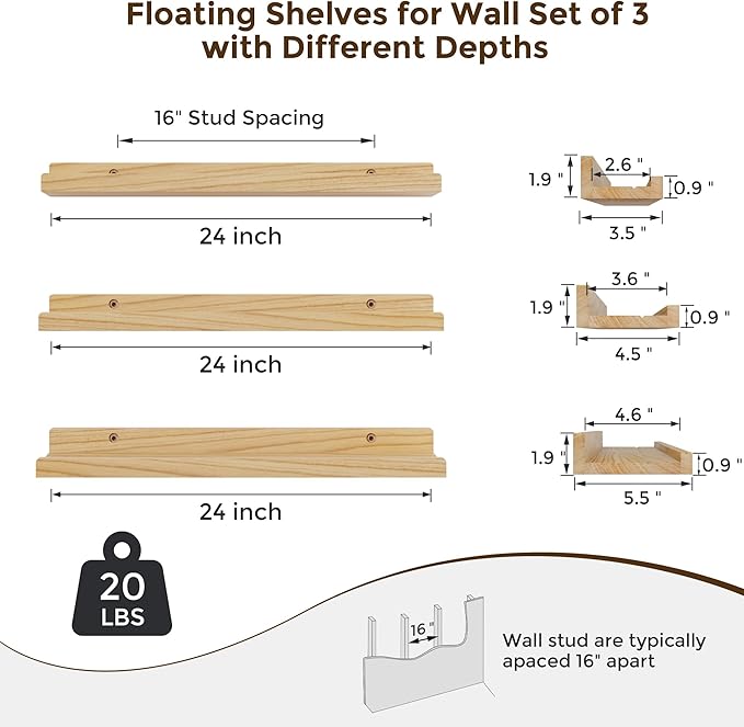 RICHFOCUS Floating Shelves for Wall, 24 inch Solid Wood Picture Ledge Shelf for Wall Storage, Nursery Book Shelves with Lip for Living Room Bathroom Bedroom Kitchen, Set of 3, Natural