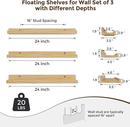 RICHFOCUS Floating Shelves for Wall, 24 inch Solid Wood Picture Ledge Shelf for Wall Storage, Nursery Book Shelves with Lip for Living Room Bathroom Bedroom Kitchen, Set of 3, Natural
