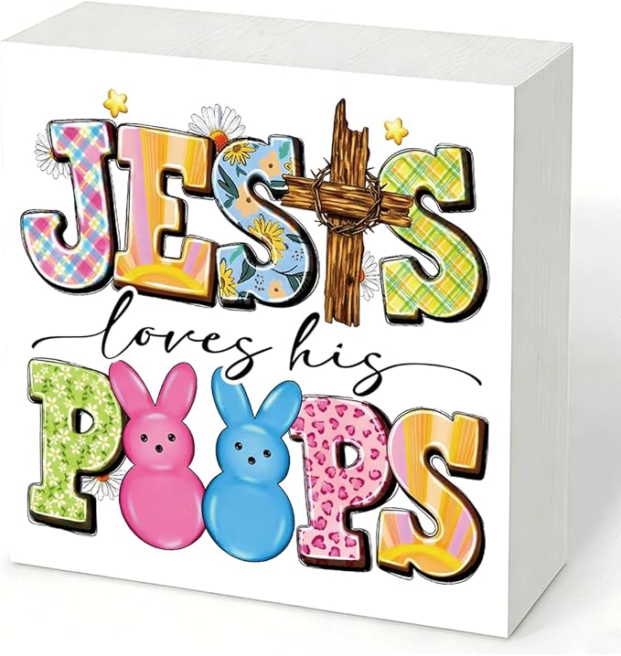 Christian Easter Decor Jesus Loves His Peeps Wooden Sign, Religious Cross Bunny Easter Decorations for Home, Farmhouse Front Door Wall Hanging Decor, Easters Gift for Women Men