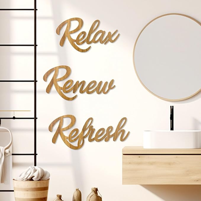3 Pieces Bathroom Decor Rustic Bathroom Wall Art Wooden Bathroom Sign,Relax Renew Refresh Sign (Brown large)