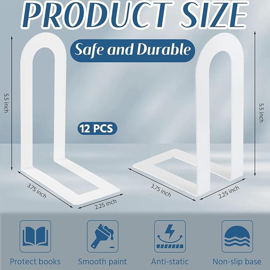 Chunful 12 Pcs Modern Metal Book Ends for Shelves Decorative Small Bookends Book Shelf Organizer Minimalist Design Stopper to Hold Books for Home Office (White,5.5 * 3.75 * 2.25inch)